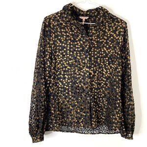 ESQUALO Sheer Black Velvet Dot Blouse Puff Sleeve Button Front